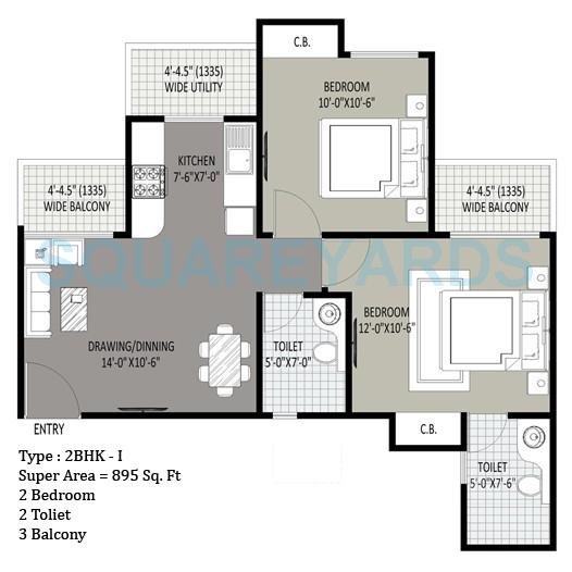 Floor plan of 2 BHK 895 Sq. Ft. Apartment in Sethi Max Royale, Noida