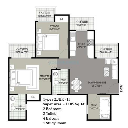 Floor plan of 2 BHK 1105 Sq. Ft. Apartment in Sethi Max Royale, Noida