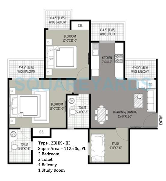 Floor plan of 2 BHK 1125 Sq. Ft. Apartment in Sethi Max Royale, Noida