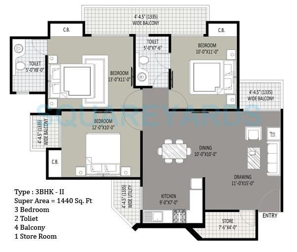 Floor plan of 3 BHK 1440 Sq. Ft. Apartment in Sethi Max Royale, Noida