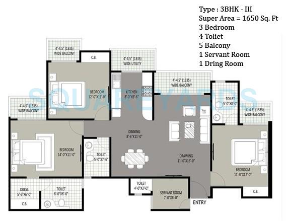 Floor plan of 3 BHK 1650 Sq. Ft. Apartment in Sethi Max Royale, Noida