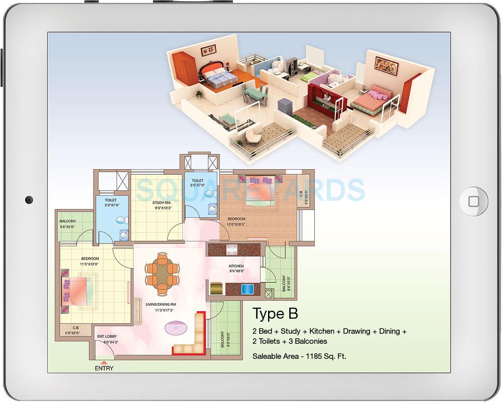 Floor plan of 2 BHK 1185 Sq. Ft. Apartment in Shubhkamna Advert Techomes, Noida