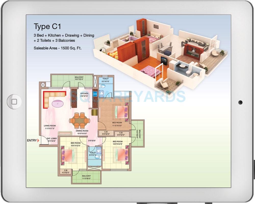 Floor plan of 3 BHK 1500 Sq. Ft. Apartment in Shubhkamna Advert Techomes, Noida