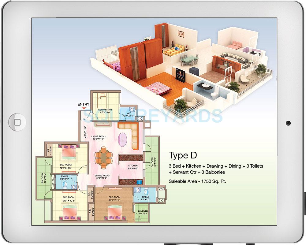 Floor plan of 3 BHK 1750 Sq. Ft. Apartment in Shubhkamna Advert Techomes, Noida