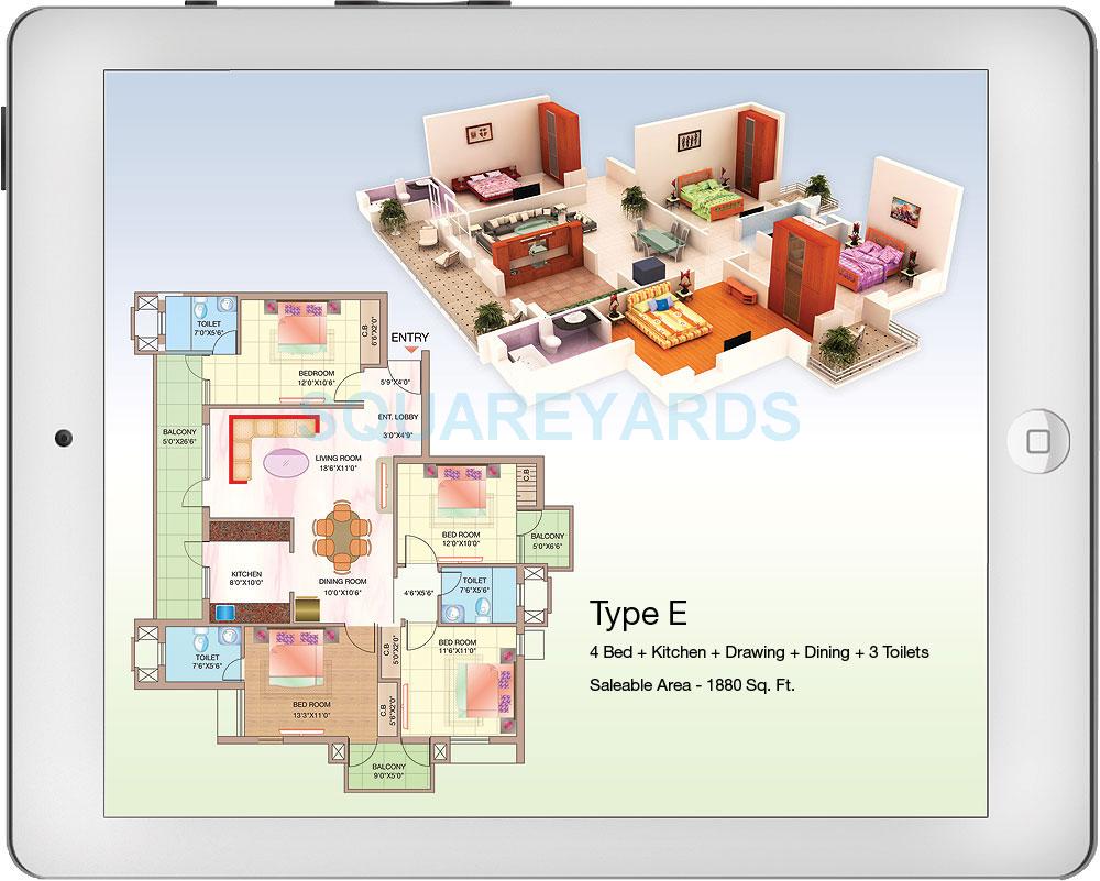 Floor plan of 4 BHK 1880 Sq. Ft. Apartment in Shubhkamna Advert Techomes, Noida