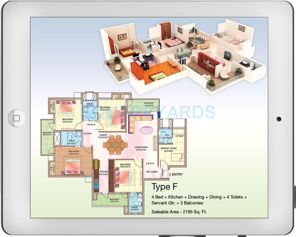 Floor plan of 4 BHK 2195 Sq. Ft. Apartment in Shubhkamna Advert Techomes, Noida