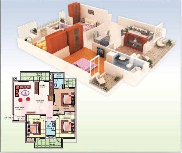 Floor plan of 3 BHK 1750 Sq. Ft. Apartment in Shubhkamna Tec Homes, Noida