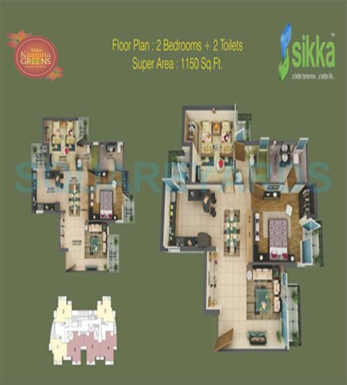 Floor plan of 2 BHK 1150 Sq. Ft. Apartment in Sikka Kaamna Greens, Noida