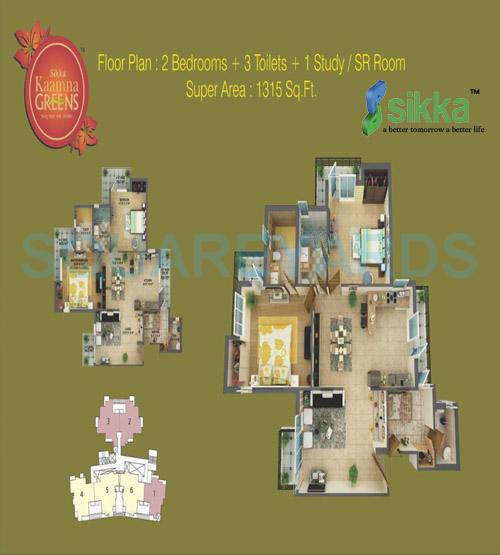 Floor plan of 2 BHK 1315 Sq. Ft. Apartment in Sikka Kaamna Greens, Noida