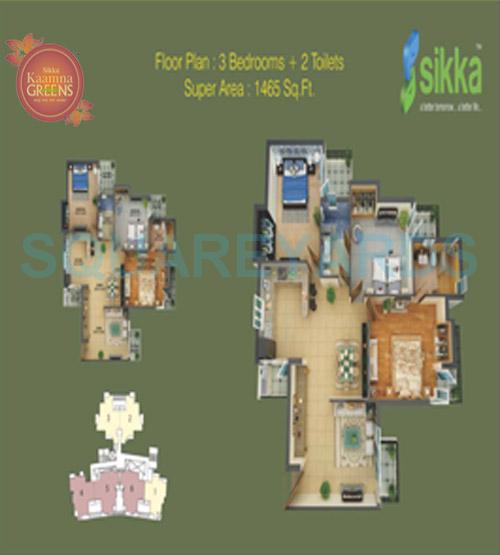 Floor plan of 3 BHK 1466 Sq. Ft. Apartment in Sikka Kaamna Greens, Noida