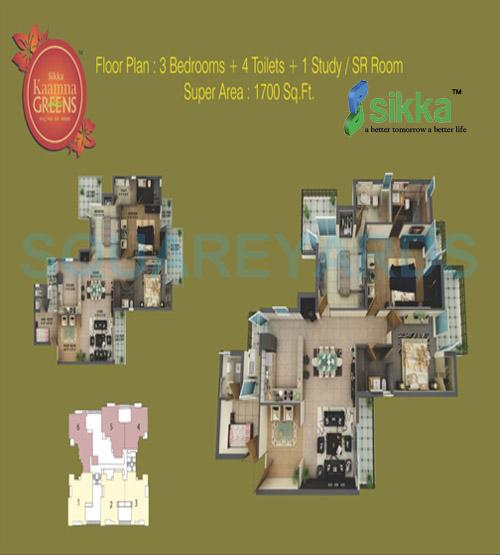 Floor plan of 3 BHK 1700 Sq. Ft. Apartment in Sikka Kaamna Greens, Noida