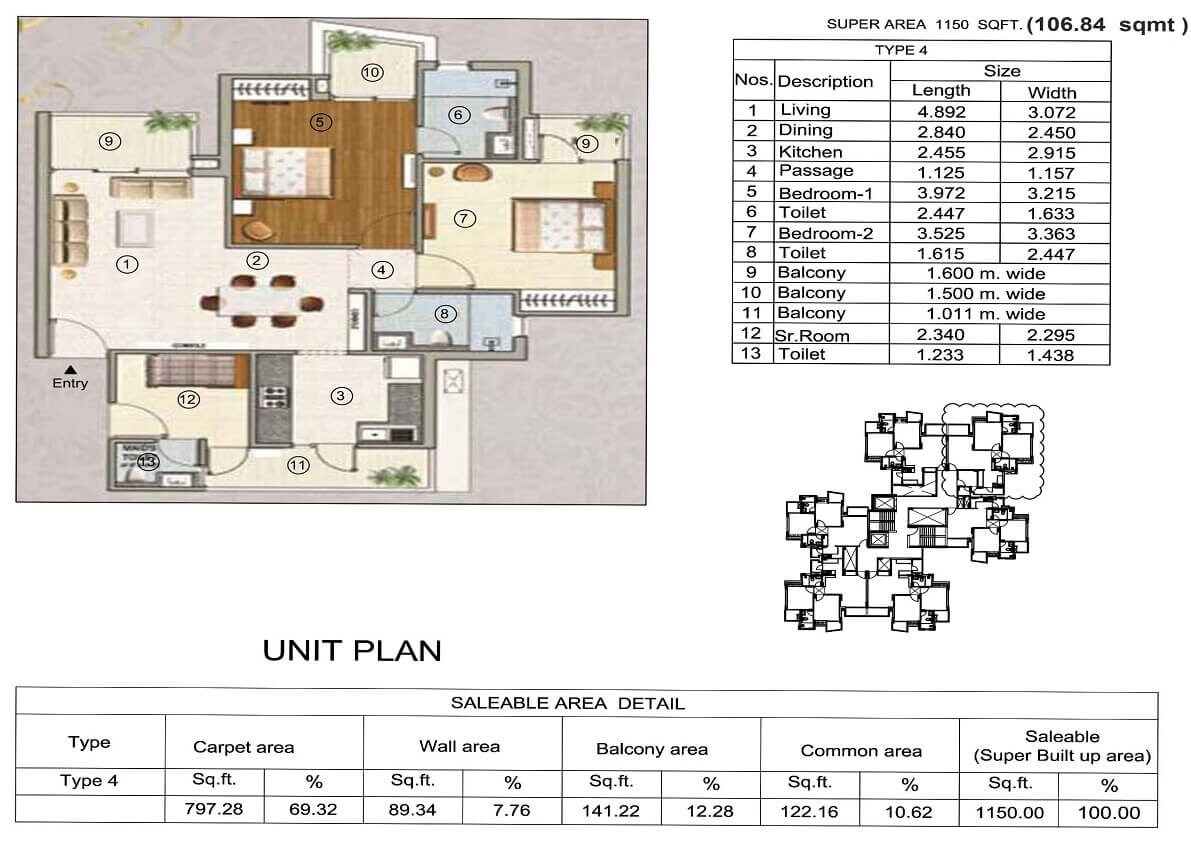 Floor plan of 2 BHK 1150 Sq. Ft. Apartment in Sikka Kaavyam Greens, Noida