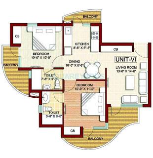 Floor plan of 2 BHK 1000 Sq. Ft. Apartment in Sikka Karmic Greens, Noida