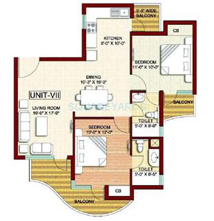 Floor plan of 2 BHK 1110 Sq. Ft. Apartment in Sikka Karmic Greens, Noida