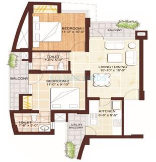 Floor plan of 2 BHK 930 Sq. Ft. Apartment in Sikka Karmic Greens, Noida