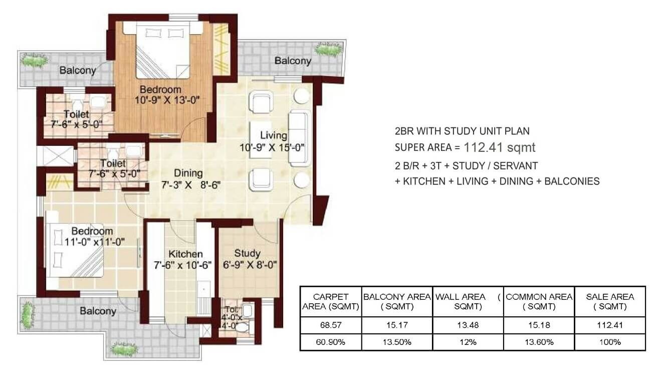Floor plan of 2 BHK 1210 Sq. Ft. Apartment in Sikka Karmic Greens, Noida