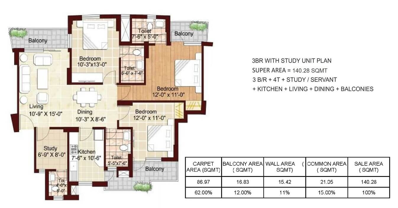Floor plan of 3 BHK 1510 Sq. Ft. Apartment in Sikka Karmic Greens, Noida