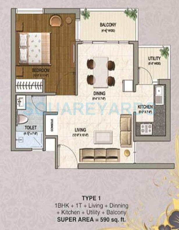 Floor plan of 1 BHK 590 Sq. Ft. Apartment in Sikka Karnam Greens, Noida