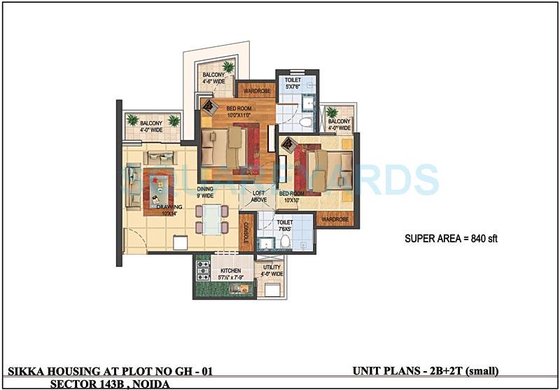 Floor plan of 2 BHK 840 Sq. Ft. Apartment in Sikka Karnam Greens, Noida