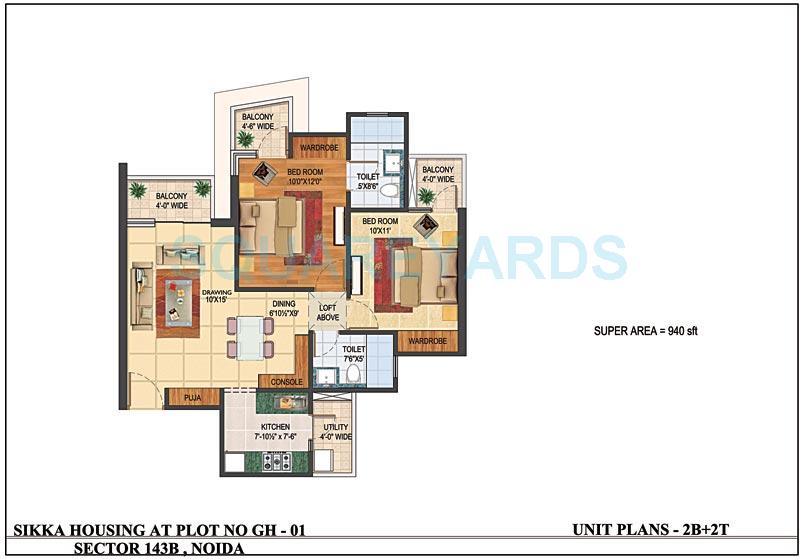 Floor plan of 2 BHK 940 Sq. Ft. Apartment in Sikka Karnam Greens, Noida