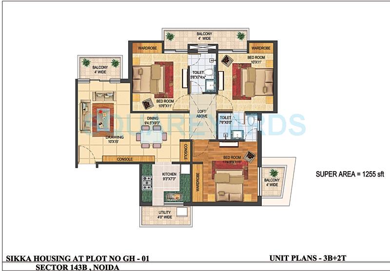 Floor plan of 3 BHK 1255 Sq. Ft. Apartment in Sikka Karnam Greens, Noida