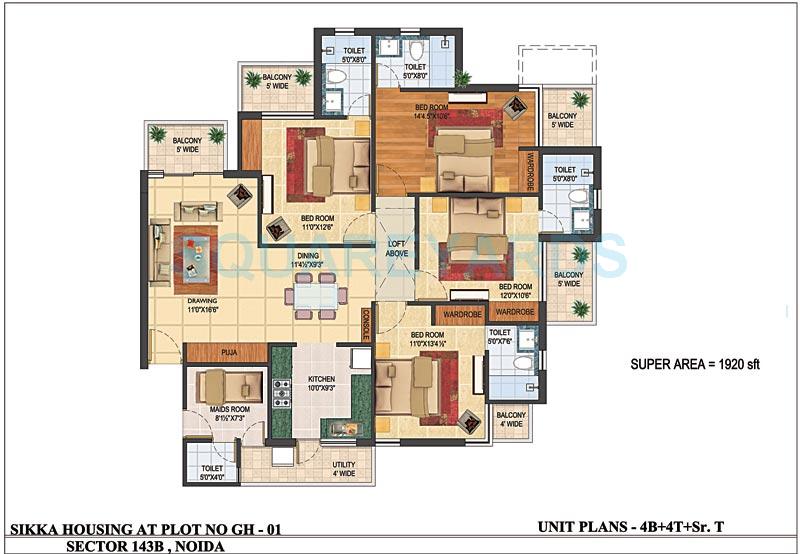 Floor plan of 4 BHK 1920 Sq. Ft. Apartment in Sikka Karnam Greens, Noida
