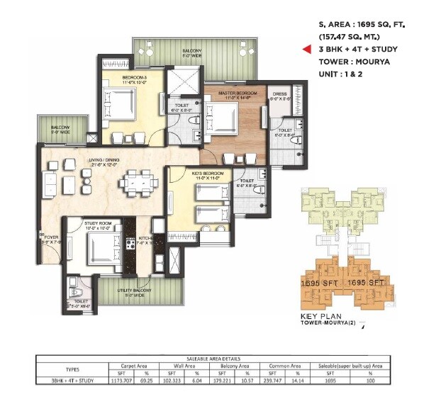 Floor plan of 3 BHK 1695 Sq. Ft. Apartment in Sikka Kimaantra Greens, Noida