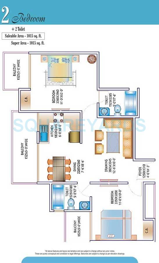 Floor plan of 2 BHK 1015 Sq. Ft. Apartment in Skytech Matrott, Noida