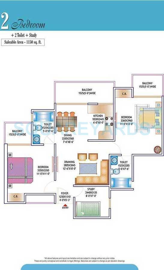 Floor plan of 2 BHK 1150 Sq. Ft. Apartment in Skytech Matrott, Noida