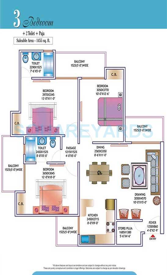 Floor plan of 3 BHK 1455 Sq. Ft. Apartment in Skytech Matrott, Noida