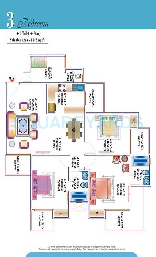 Floor plan of 3 BHK 1645 Sq. Ft. Apartment in Skytech Matrott, Noida