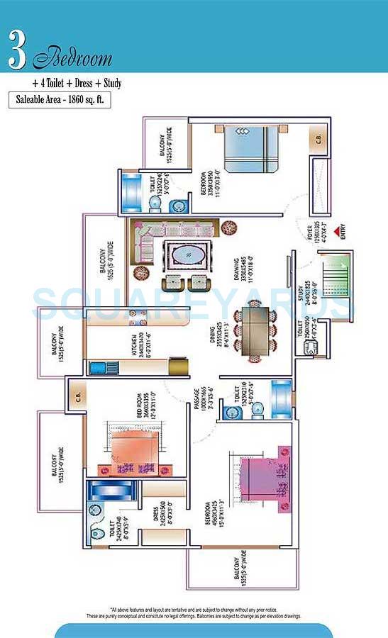 Floor plan of 3 BHK 1860 Sq. Ft. Apartment in Skytech Matrott, Noida
