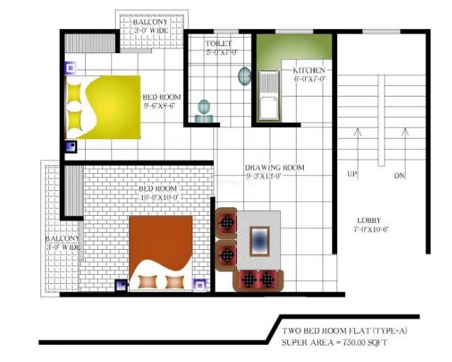 Floor plan of 2 BHK 750 Sq. Ft. Apartment in Subhsantosh Nirman Apartment, Noida