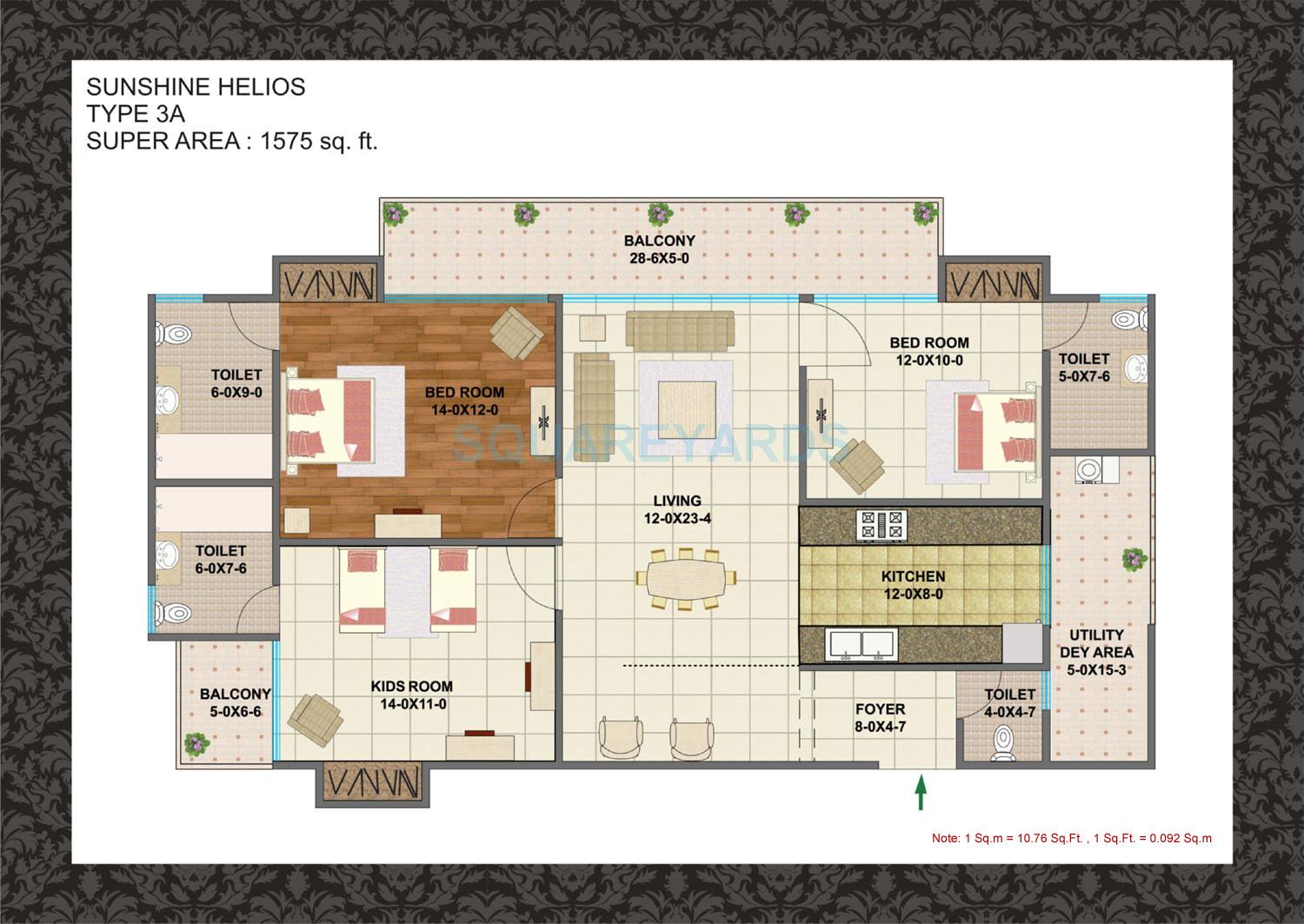 Floor plan of 3 BHK 1575 Sq. Ft. Apartment in Sunshine Helios, Noida