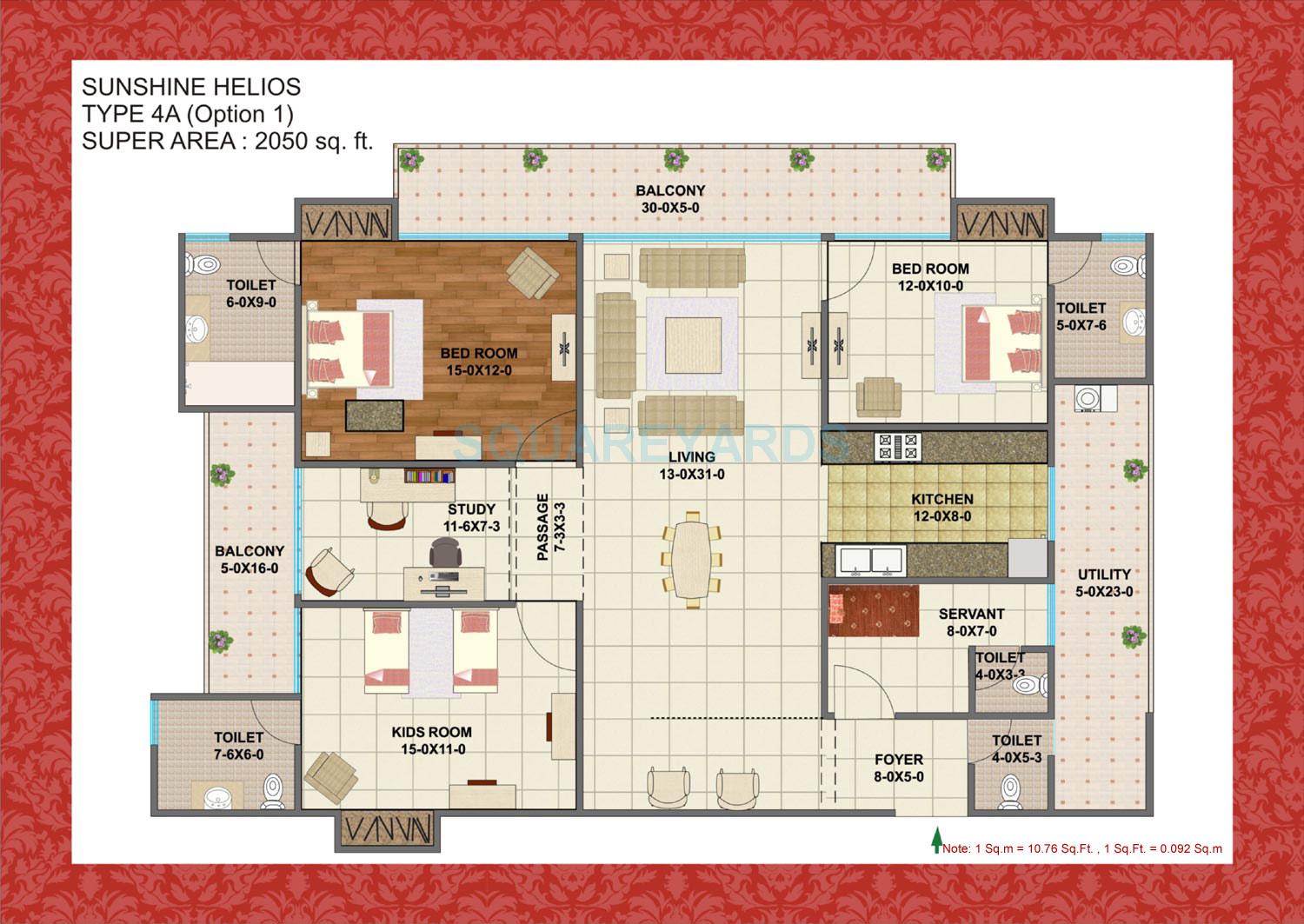 Floor plan of 3 BHK 2050 Sq. Ft. Apartment in Sunshine Helios, Noida