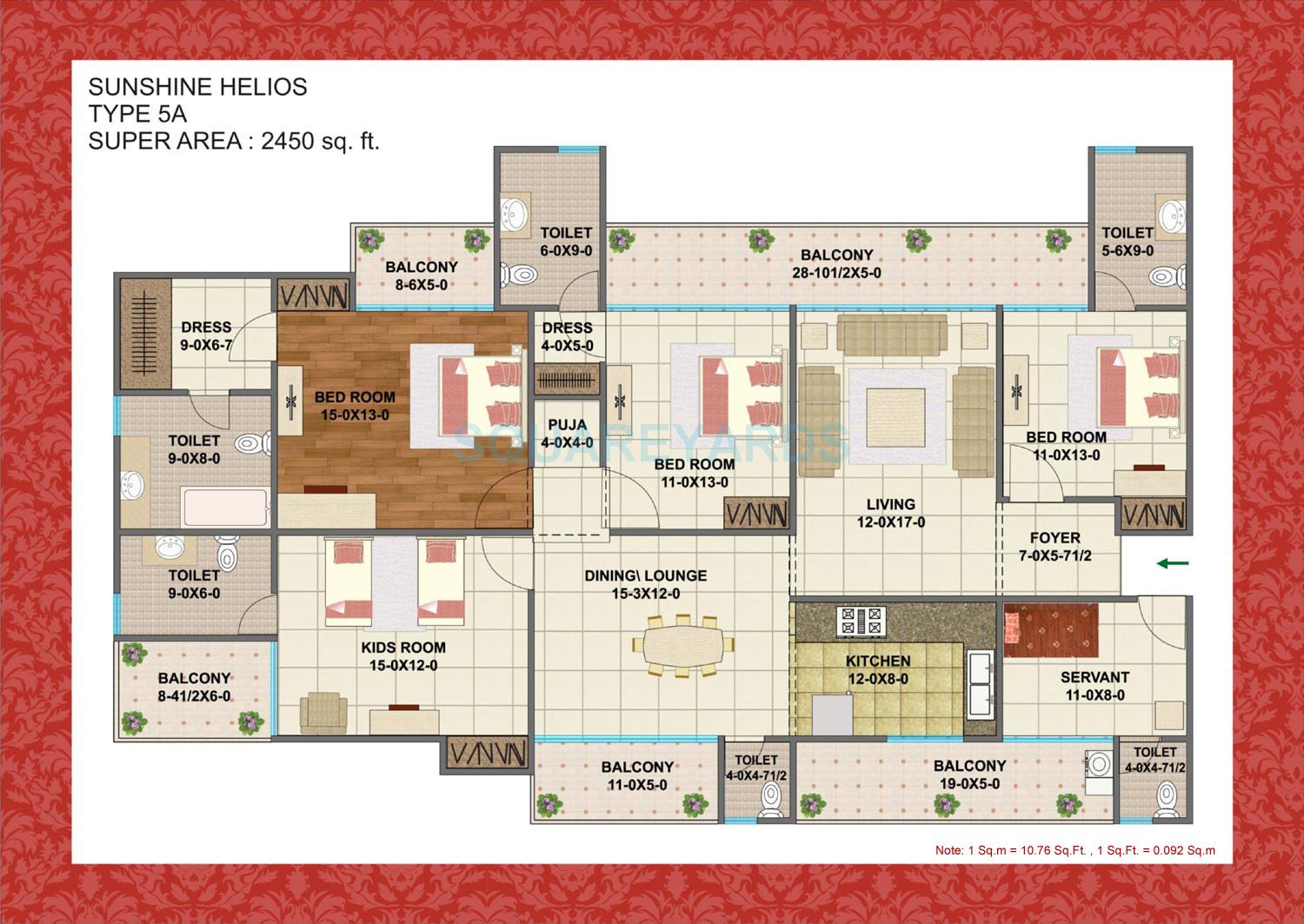Floor plan of 4 BHK 2450 Sq. Ft. Apartment in Sunshine Helios, Noida