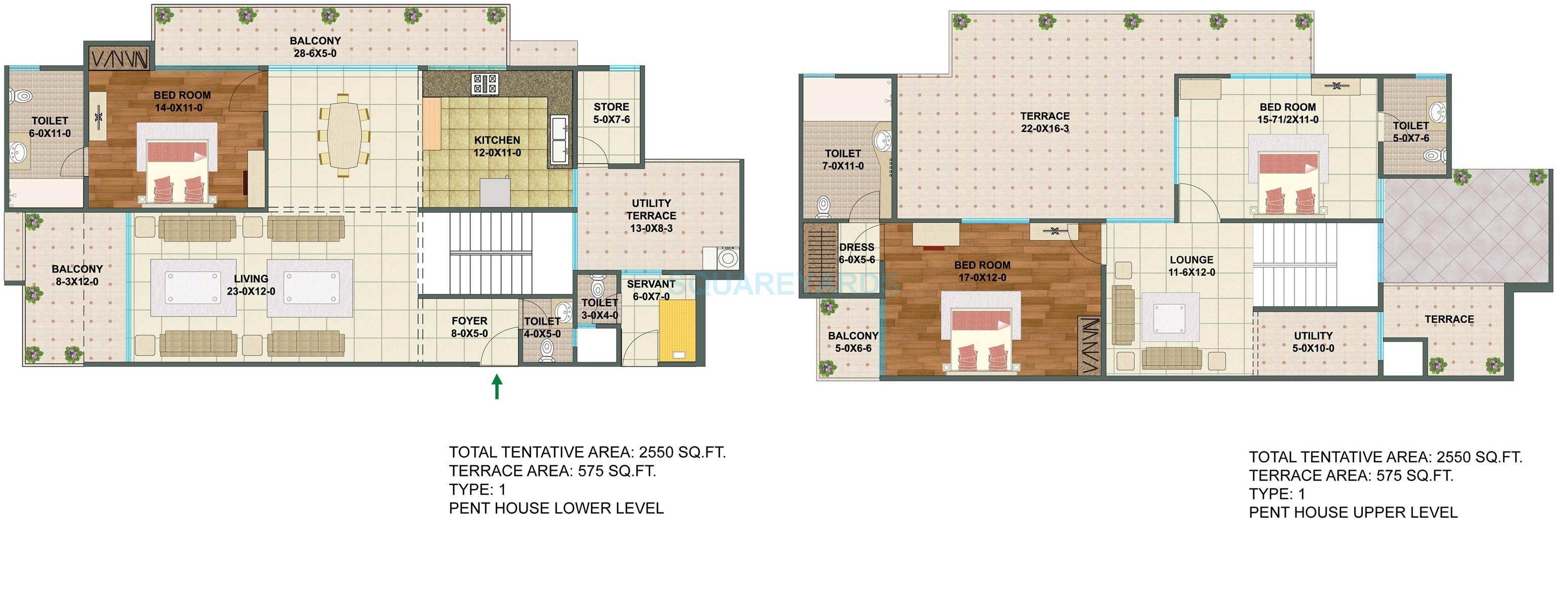 Floor plan of 3 BHK 2550 Sq. Ft. Penthouse in Sunshine Helios, Noida