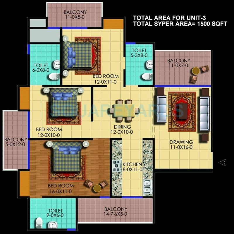 Floor plan of 3 BHK 1500 Sq. Ft. Apartment in Sunshine Solaris, Noida