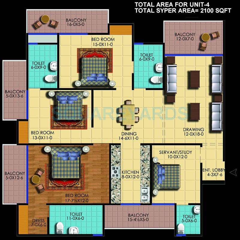 Floor plan of 3 BHK 2100 Sq. Ft. Apartment in Sunshine Solaris, Noida