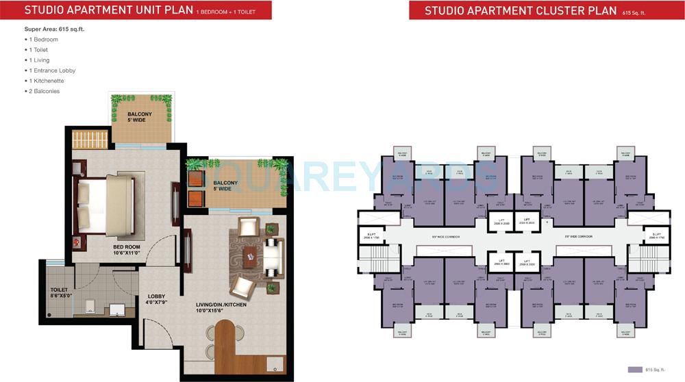 Floor plan of 1 BHK 615 Sq. Ft. Apartment in Sunworld Arista, Noida