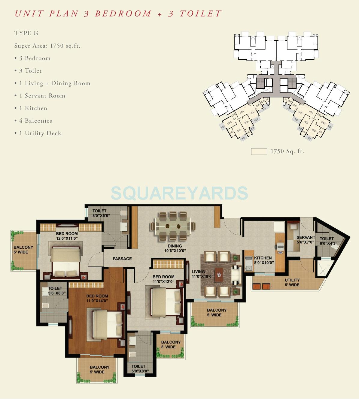 Floor plan of 3 BHK 1750 Sq. Ft. Apartment in Sunworld Arista, Noida