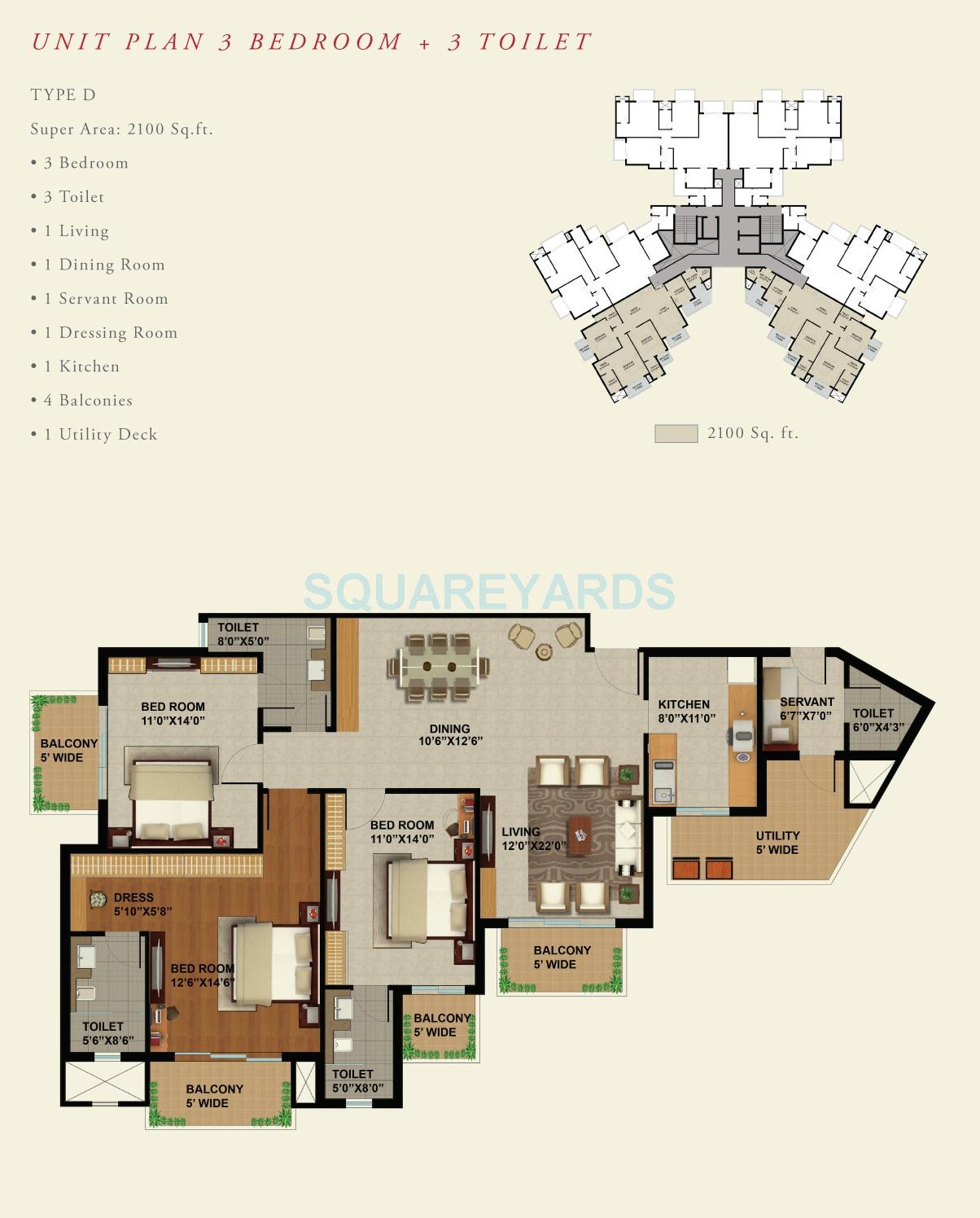 Floor plan of 3 BHK 2100 Sq. Ft. Apartment in Sunworld Arista, Noida