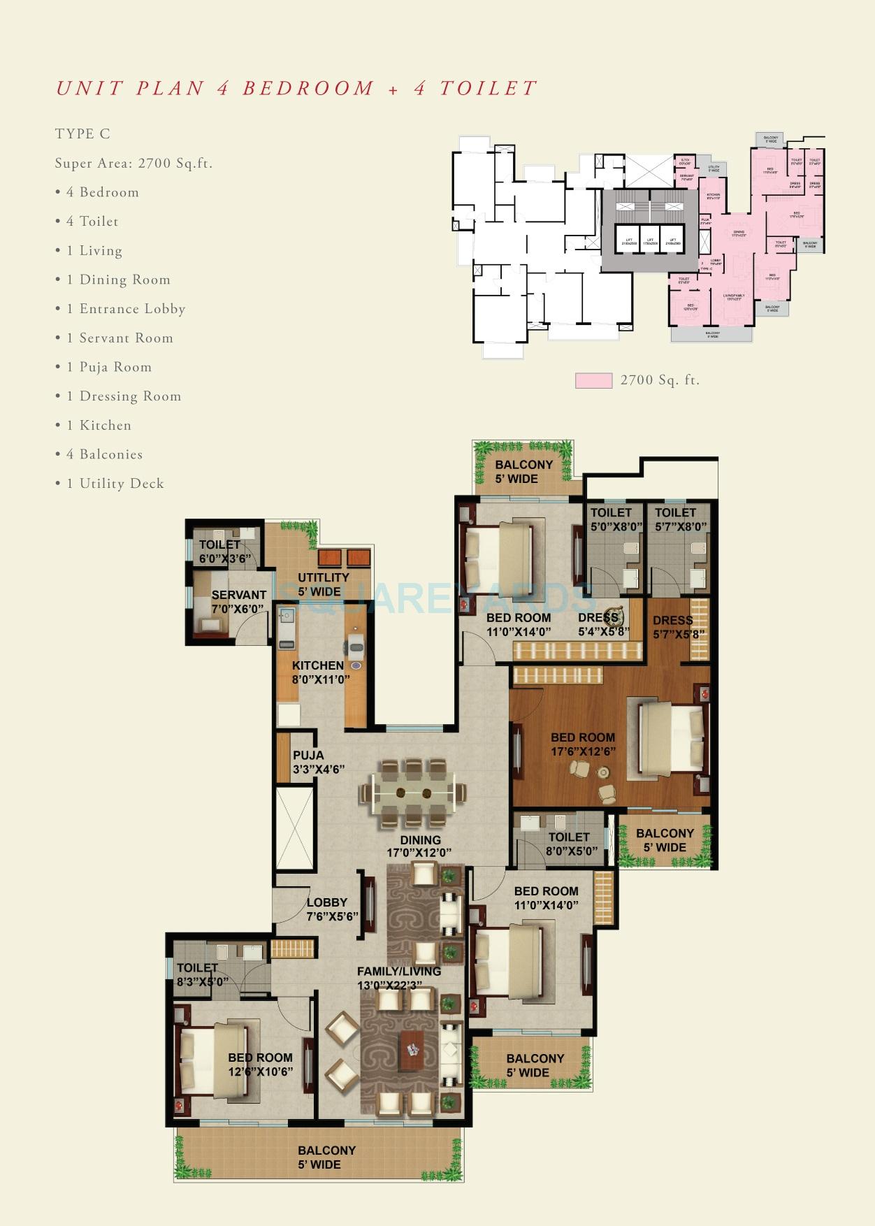 Floor plan of 4 BHK 2700 Sq. Ft. Apartment in Sunworld Arista, Noida