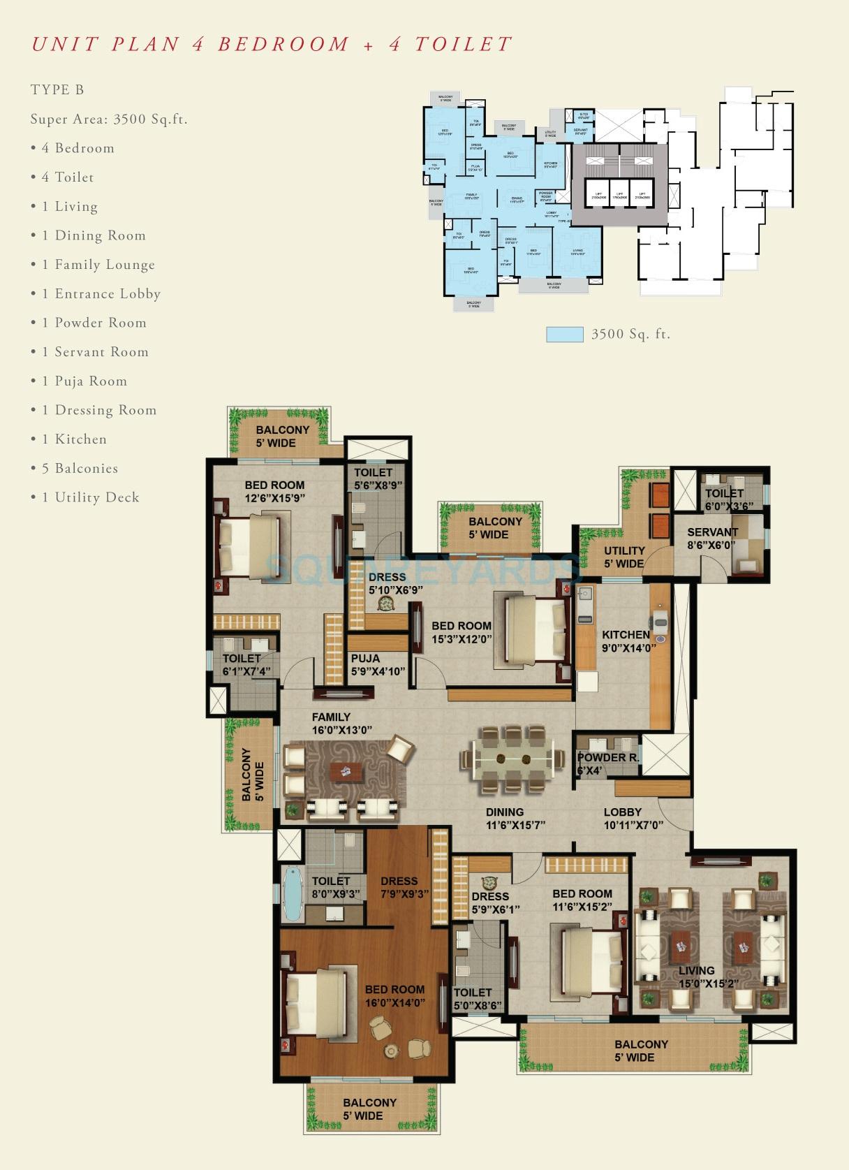 Floor plan of 4 BHK 3500 Sq. Ft. Apartment in Sunworld Arista, Noida