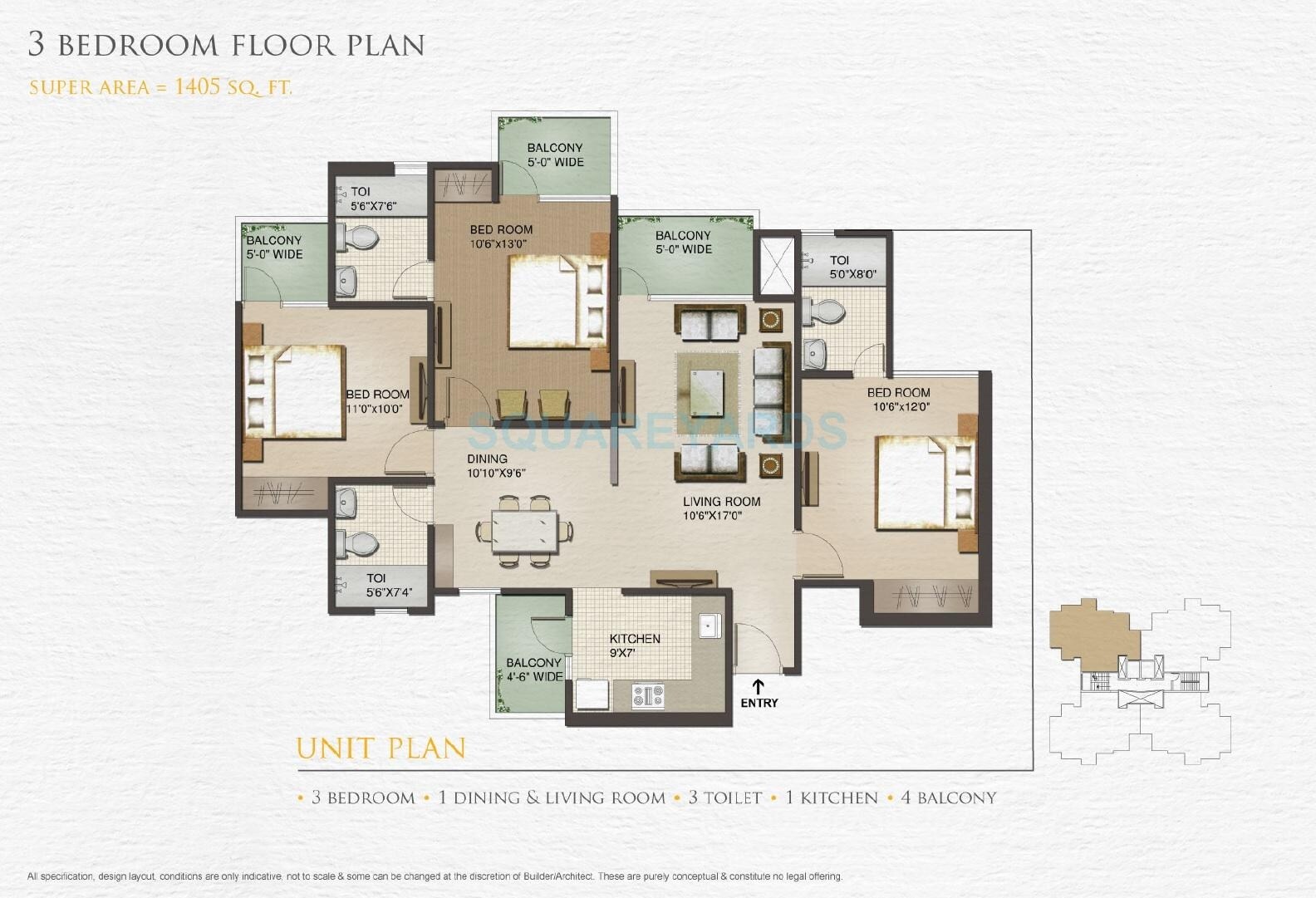 Floor plan of 3 BHK 1405 Sq. Ft. Apartment in Sunworld Vanalika, Noida