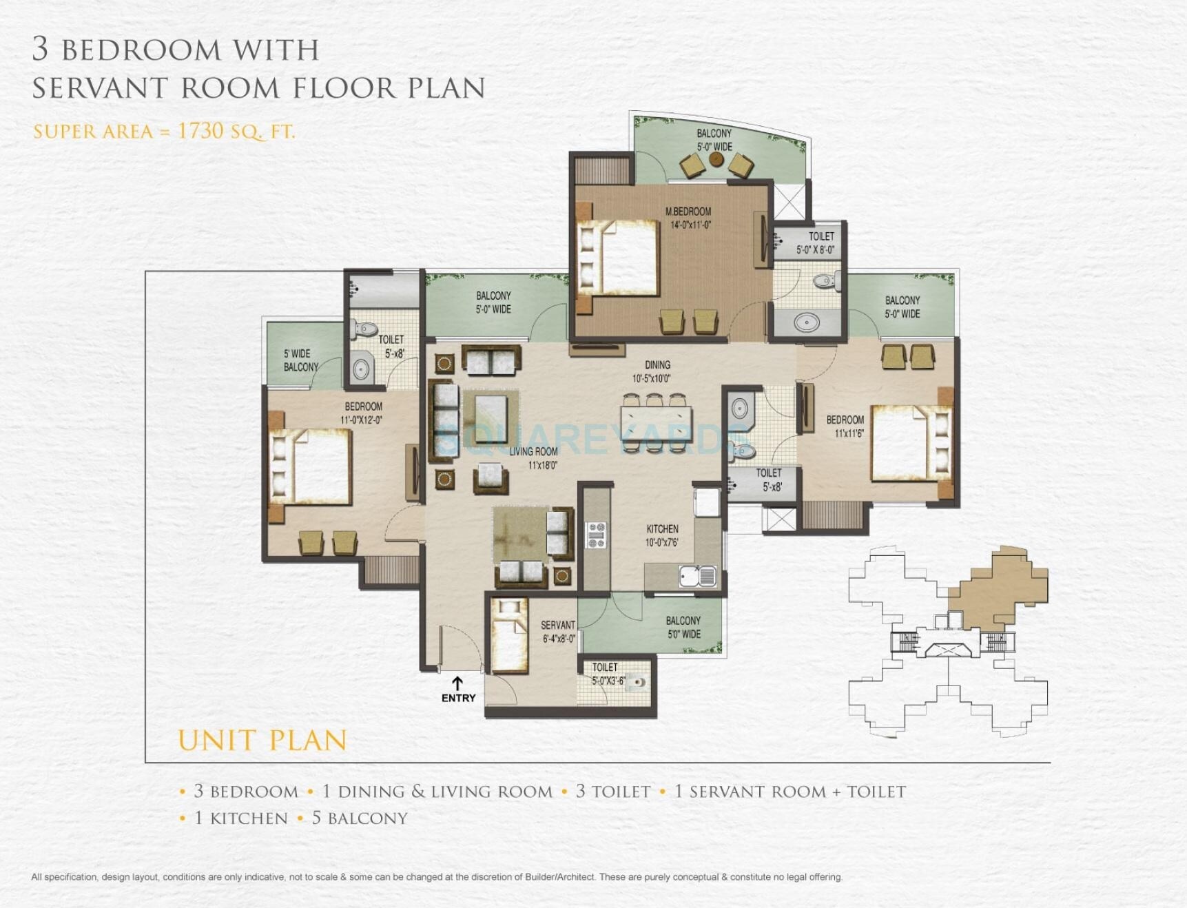 Floor plan of 3 BHK 1730 Sq. Ft. Apartment in Sunworld Vanalika, Noida