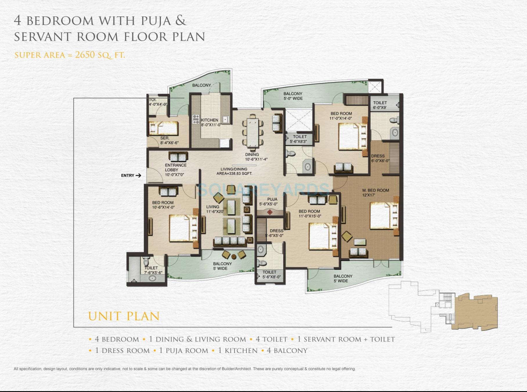 Floor plan of 4 BHK 2650 Sq. Ft. Apartment in Sunworld Vanalika, Noida