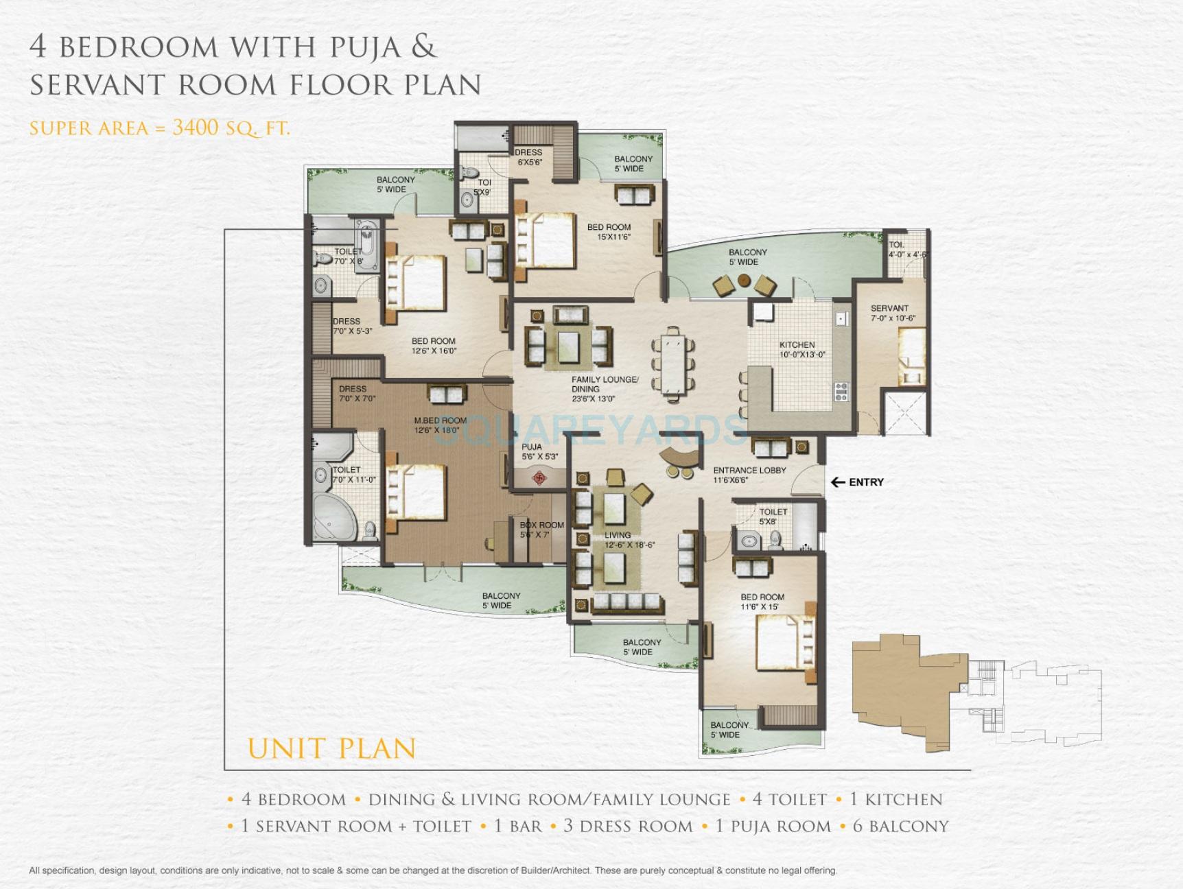 Floor plan of 4 BHK 3400 Sq. Ft. Apartment in Sunworld Vanalika, Noida