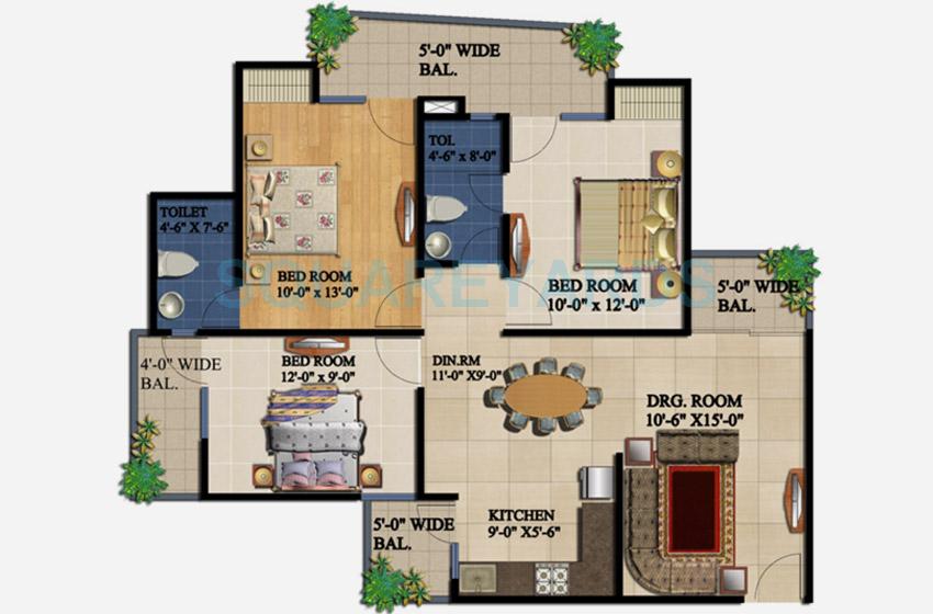 Floor plan of 3 BHK 1295 Sq. Ft. Apartment in Supertech 34 Pavilion, Noida