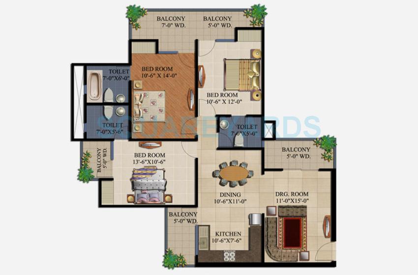 Floor plan of 3 BHK 1595 Sq. Ft. Apartment in Supertech 34 Pavilion, Noida